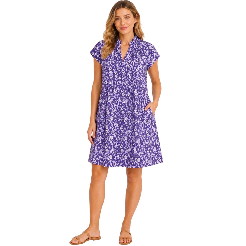 NWT Never A Wallflower Purple Floral Cotton Ruffle Neck Shift Dress Large